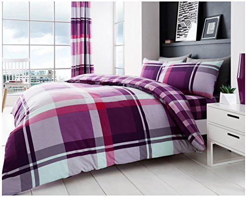 GC GAVENO CAVAILIA Set di biancheria da letto e federe a quadri, reversibile, facile da pulire, in poliestere-cotone, viola, singolo