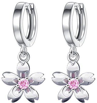 Ohrringe Damen Mädchen ohrhänger creolen 925er Sterling Silber Mit Anhänger Sakura Kristall Süß Hoop Studs Ohrschmuck Hypoallergen für Frauen Freundin (Pink)