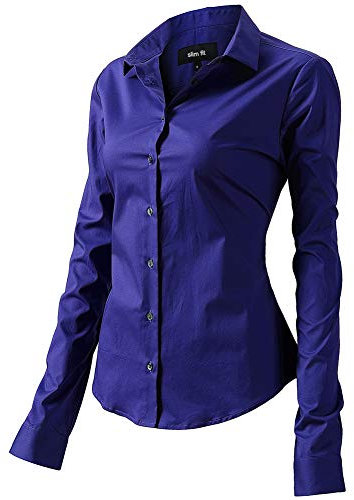 Camicia Basic da Donna in Cotone Manica Lunga - Camicetta Casual Blusa con Chiusura Bottoni Slim Formale Elegante - Camicia Shirt con Colletto Dritto, Ideale per Ufficio/Lavoro/Colloquio (EU34, Viola)