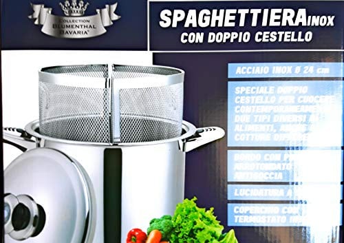 Blumenthal Cuocipasta 2 cestelli spaghettiera cm 24 con Coperchio Inox 2 Scomparti Adatta per l induzione Ideale per çucinare 2 Tipi di Pasta contemporaneamente