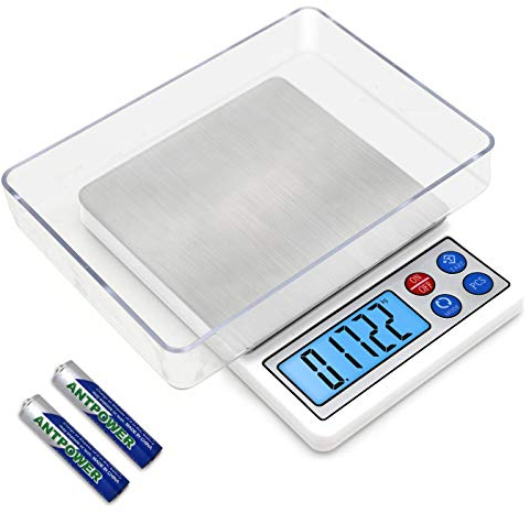 FEBHBRQ Digitale Gramm-Waage, Mini-Größe, Lebensmittelwaage, 600 g x 0,01 g, hochpräzise Taschenwaage mit LCD-Display und 1 Tablett, Edelstahl, PCS, Konvertierungseinheit weiß (600 g)