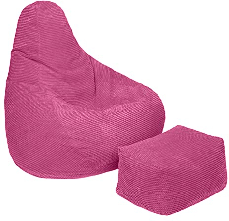 Loft 25 Poltrona a sacco per adulti, con schienale alto, in tessuto di velluto a coste, per interni, soggiorno, gioco, fodera interna, design ergonomico (pouf + poggiapiedi, rosa)
