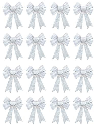 DARO DEKO Glitzer Schleife 13 x 17cm - 16 Stück Silber-Weiß mit Glitter-Fransen