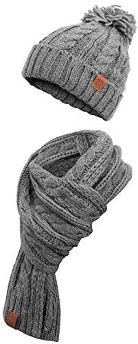 Manufaktur13 Knit Winter Set - Schal & Mütze, 2-teiliges Kombiset aus Strickschal und Beanie, Bommelmütze, Echt-Leder Veredelung (2 Ashgray)