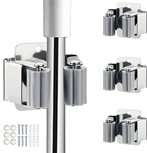 JAMEND CLXP 3PCS Broom and Mop Holder, Heavy Duty Garden Tool Organizer Rack Rake and Shovel Handle, Stainless Steel Mop Hanger. Wall Mounted Utility Rack with Screws, Silver.