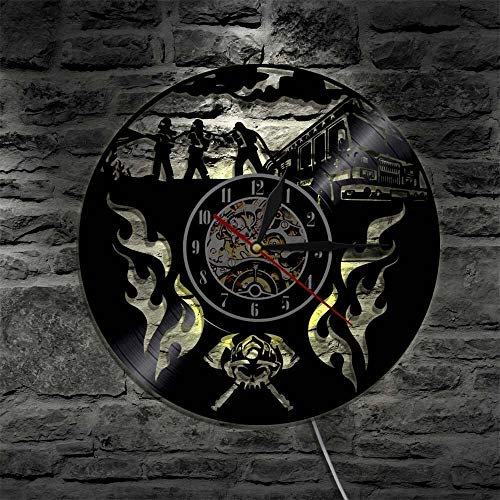 RFTGH Feu Sauvetage Casque Hache Croix Mur Art Horloge Murale Pompier Combat Disque Vinyle Horloge Murale Pompier Retraite Cadeau