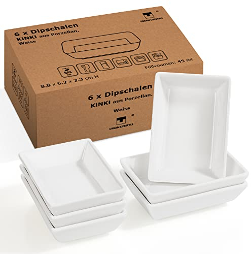 Urban Lifestyle Ciotole per salsa, set di 6 ciotole impilabili in porcellana bianca Kinki (8,8x6,2x2,3 cm), ciotole per salsa di soia, ciotole per sushi, ciotole per finger food, ciotole per spezie.
