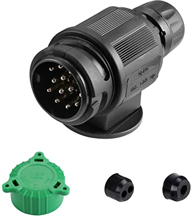 SPARKMOTO Spina 13 Poli Rimorchio Impermeabile,Norma ISO11446,12V Spina Rimorchio 13 Poli per Auto RV Camion Roulotte gancio traino Spina 13 Poli Rimorchio con cappuccio protettivo verde(Breve)