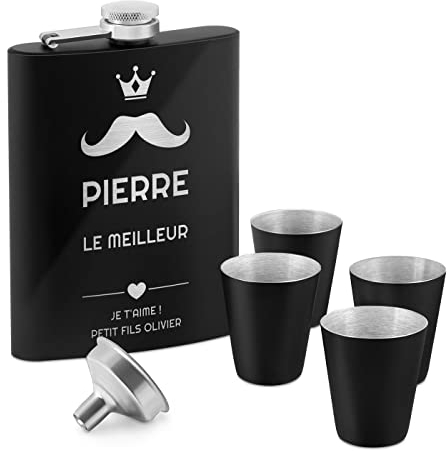 Maverton Flasque personnalisée de 200 ml pour lui - Portable Flasque pour voyageur - Set avec 4 verres à shot - Pour hommes - Whiskey Flacon pour anniversaire - Pour ami - Moustache