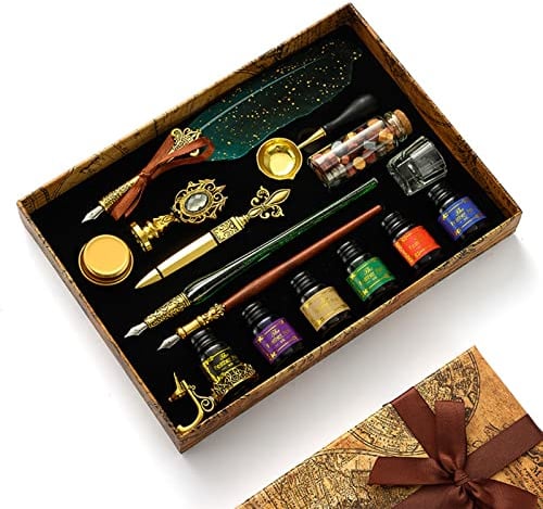 Joyeee Feder Kalligraphie Stift und Tinte Set, mit Vintage Schreibkiel Stift, Glas Dip Pen, Holz Dip Pen, Stiftfedern, Stifthalter, Wachsperlen, Siegelstempel, Schmelzlöffel und Geschenkboxen #83