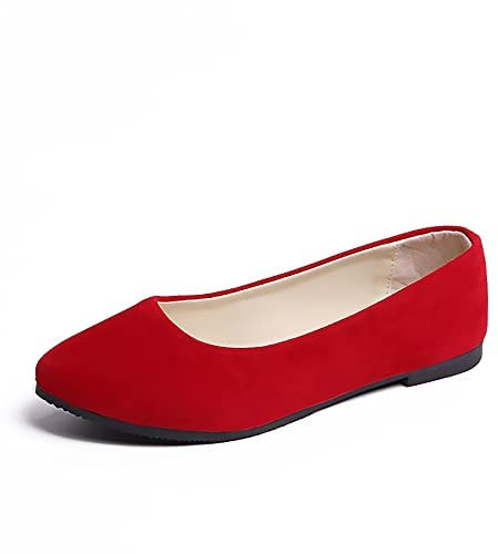 Ballerine da donna, slip on piatte comode scarpe da ballerina a punta antiscivolo casual scarpe da bambola poco profonde casual scarpe singole, Rosso, 38 EU