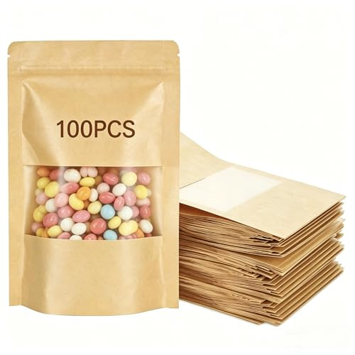 LOLYSIC Sachet Kraft Alimentaire 12x20cm Lot de 100, Sachet Zip Refermable avec Fenêtre Transparente, Doypack Kraft Stand-up pour Emballage Thé, Épices, Noix et Graines