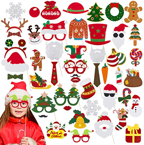 48 Stück Fotobox Accessires Weihnachten Foto Requisiten Foto Booth Weihnachtsdeko Partybrille Weihnachten Party Deko Selfie Zubehör
