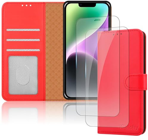 iCatchy iPhone 14 Case 6.1-Inch, Leather Wallet Book Stand view Magnetic Protect RFID Blocking Flip Cover Compatible with iPhone 14 (Red)