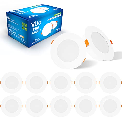 Vlio LED Einbaustrahler 230V, 7W 10er Set Einbauleuchten Deckenspots Deckenstrahler Warmweiß 3000K Lochmaß 95mm, 660LM, IP44 Ultra Flach LED Spots für Badezimmer Küche Wohnzimmer