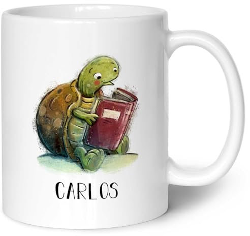 Bedruckte Tasse mit Namen - Lesende Schildkröte - Personalisiert mit Namen und Schildkröten Motiv - Geschenke für Jungen & Mädchen Kinder zum Geburtstag Einschulung - Weiß