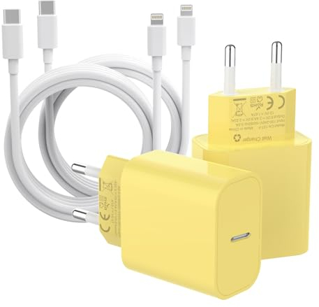 ZNBTCY 4 Pack 25W USB C Ladegerät, Schnellladegerät, PD 3.0 Ladestecker mit 2M iPhone Ladekabel, schnellladekabel, Power Adapter mit Lightning Kable für iPhone 14 13 12 11 XS X 8P iPad(Hellgelb)