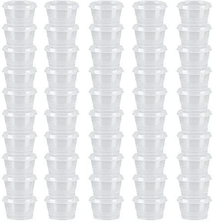 MIUPOO Plastic Souffle Cups,Disposable Clear Leak Proof Sauce Cup With Hinged Lid,Can be Used for All Kinds of Sauces, Food Samples, Storage Crafts,Round 50 Sets, 1 OZ.