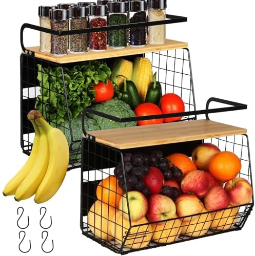 2 Set Magnetic Storage Rack for Fridge with Wood Lid – Large Metal Basket for Fruit, Onion, Potato & Pantry Organisation – Magnetic Spice Rack for Refrigerator, Cabinet or Kitchen Countertop