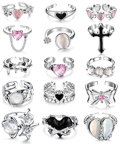 Kakonia 15 Stück Y2k Ringe für Frauen Teenager Mädchen Unregelmäßig Einstellbar Offener Ring Vintage Punk Grunge Gothic Goth Mondstein Stern Dorn Herz Kreuz Knospe Bogen Ring Set
