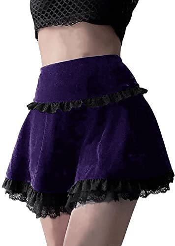Goth Halloween Gonna Gotica Vintage Pizzo Velluto Emo Alt Gonna Grunge Vita Alta Una Linea di Pizzo Minigonna, Pizzo-viola, L