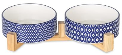 Selamica Ceramic 14 OZ Dog Bowls, Dog Food and Water Bowls with Wooden Stand, Anti-Slip Dog Dishes Set for Cats & Small Dogs, Weighted Pet Bowls Set of 2, Vintage Blue A