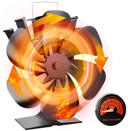 Vlocky Ventola Per Stufa a Legna 6 Foglie Ventola Stufalegna Alimentato a Caldo, Silenzioso Ventilatore Stufa a Legna con Termometro per Legna/Bruciatore di Tronchi/Stufa