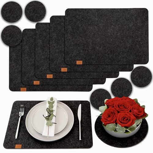 DINING concept® Premium Tischset aus Filz mit Glasuntersetzern - Abwaschbar & Rutschfest - 6 Platzsets in Anthrazit mit 6 Glas Untersetzern und 1 GRATIS Deko Untersetzer