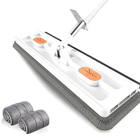 Großer Flachmopp, Bodenwischer, 360 Grad Rotierender Bodenwischer mit 2 Waschbaren Mikrofaser Pads, Flacher Bodenwischer, Wischmopp Set mit Eimer,Bodenwischer Set für Alle Böden (Weiß)