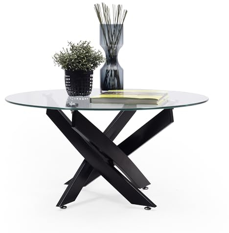 Homely - Mesa de Centro Dalila Black | Cristal Redondo | Diseño Moderno | Salón, Comedor, despacho, Dormitorio | 80 cm de diámetro | 80x80x40 cm | Original Base metálica Color Negro