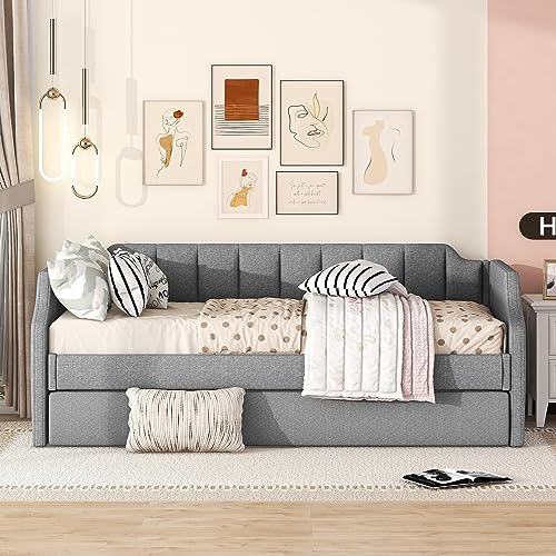 NNJN 90 x 200 cm (190) Camas diarias, Cama individual acolchada con cama plegable, Sofá cama (gris) (sin colchón)