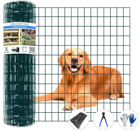 GILPWA Welded Wire Fence, 50ft(L) x 36inch(H) PVC Coated Wire Fencing for Dog, 2 Inch x 3 Inch 16GA Fencing for Chicken, Anti-rust Roll Metal Wire Mesh Fence for Yard Vegetable, Green