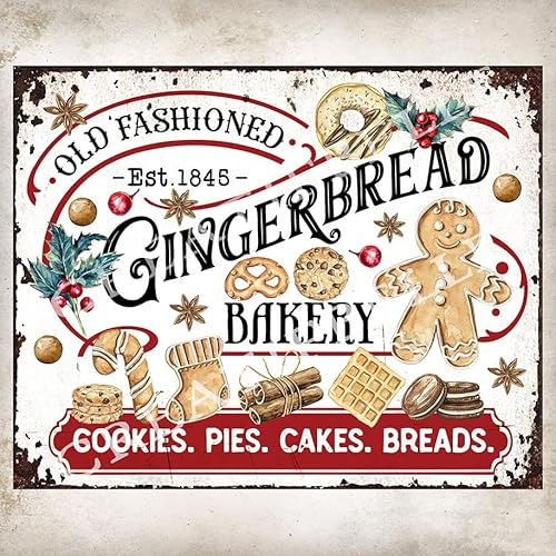 Tin Signs Gingerbread Bakery Farmhouse Sign Christmas Tier Tray Decor Transfer Holiday Home Decor Cottage Yard Garden Poster 8x6 Inch