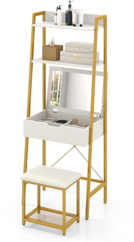 Multigot Dressing Table and Stool Set, Ladder Vanity Desk with Flip Top Mirror, 2 Ladder Shelves and 4 Hidden Storage Compartments, Makeup Desk Cosmetics Dresser (White+Gold)