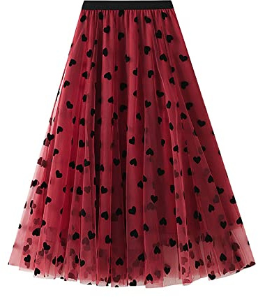 Damen Tüllrock mit hoher Taille elastisch Herzmuster Rock Longuette einfarbig elegant Midi-Skirt Spitze Röcke Damen Lange Elegant Tüll Rock Geschichteter Röcke Casual Maxirock A-Linie Faltenrock