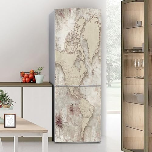 Fridge Wraps Kitchen Fridge Stickers Cover Full Doors, Fridge Sticker Full Covering Door Fridge Covers Skins Wall Stickers for Kitchen Decal, Retro Navigation Map America