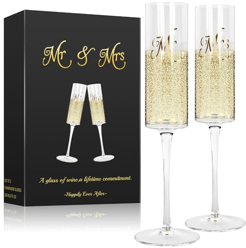 Buumin Set of 2 Champagne Flutes-Mr & Mrs Champagne Glasses-210ml Clear Sparkling Prosecco Glasses-Crystal Champagne Glasses for Couple-Wedding Gifts-Mr & Mrs Gifts