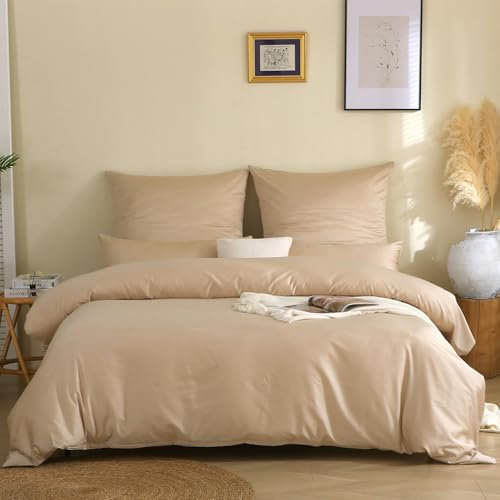 SOULFUL Kühlend Bettwäsche 200x200 Baumwolle, Mako Satin Bettwäsche-Sets mit Reißverschluss, Zertifiziert Oeko-TEX, Enthält 1 Bettbezug 200x200 und 2 Kissenbezug 80x80, Beige