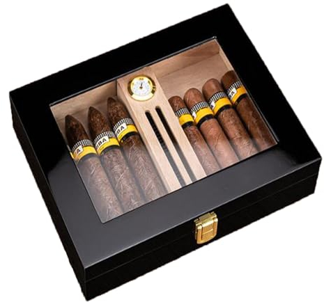 Zigarren-Humidor, tragbarer Zedernholz-Humidor mit Hygrometer und Luftbefeuchter, Klavierlack, sichtbares Glasoberlicht, fasst 10-15 Zigarren, Geschenk für Männer, Schwarz