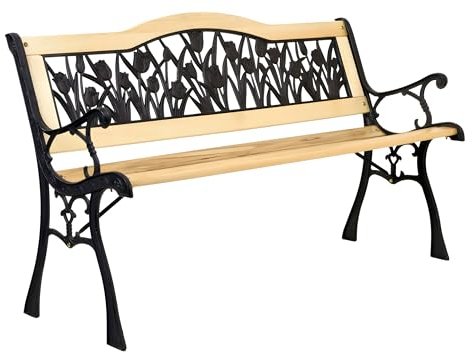 ELYFLAIR® Elegante Gartenbank Tulpe/Rose – Robuste Bank aus Holz und Gusseisen, Florales Design, Einfache Montage, Perfekt für Garten und Terrasse (Tulpe)