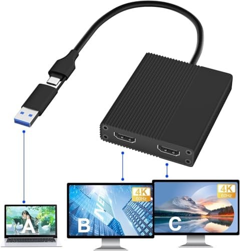 Aukuoy HDMI Splitter Extended Display for Dual Monitor: Display 3 Separater screens-USB 3.0 or USB C to HDMI Adapter, Supports dual 4K@60Hz outputs for Windows, Mac OS