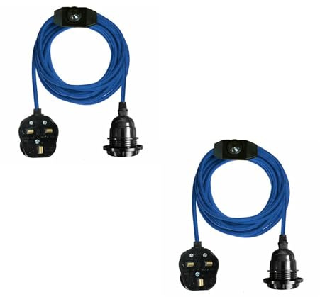 LEDSONE Vintage 2Pack Pendant Light Kit with Fabric Flex Cable 2m Hanging Light Fitting with E27 Bulb Socket and Plug with Switch Ideal for Home, Studio, Office, Café, or Decorative Lighting (Blue)