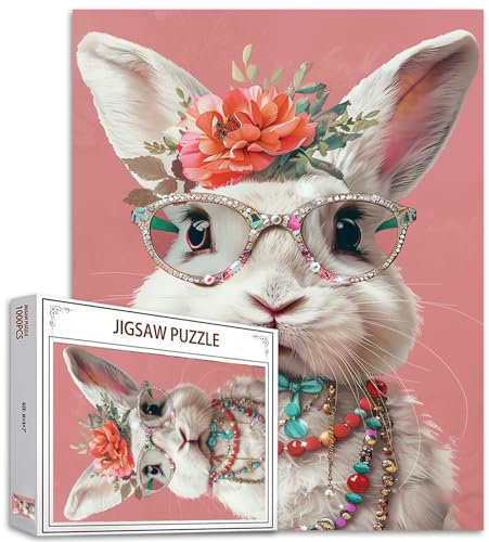 White Rabbit Jigsaw Puzzle Colorful Jewelry Sunglasses,1000 Pieces for Adults,Funny Animal Illustrations,Creative Style Puzzles for Interesting Family Activities,DIY Jigsaw Puzzle Gifts for Home Decor