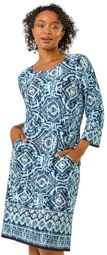 Roman Originals Shift Dress with Pockets for Women UK - Ladies Summer Autumn Winter Smart Casual Work Short 3/4 Sleeve Tunic Knee Length Pleated Gathered Waist Tea Loose - Navy Turquoise - Size 18