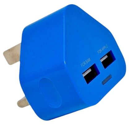 Electoys Dual USB Plug Fast Charger - 2A Double Charging Plug Adapter - UK 3 Pin USB Charger - Blue - Compatible With iPhone 14, 13, 12, 11, Samsung, Android & More