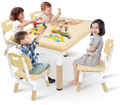 YRHome Kindertisch mit 4 Stühlen Höhenverstellbar Kindertischgruppe Grau Kinder Tischset Plastik Kindermöbel Tisch Stuhl Set für Kinderzimmer und Kindergarten Sitzgruppe ab 2 Jahre -Holzfarbe,120x60cm