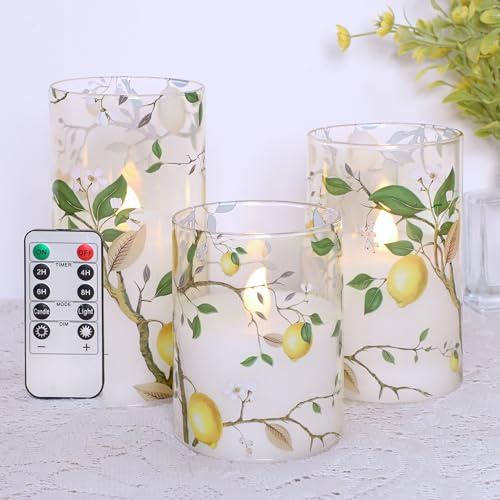 Silverstro Flammenlose LED-Kerzen mit Fernbedienung, Zitronen-Aufkleber, Glas, flackernde, batteriebetriebene Kerzen für Zuhause, Zimmer, Party, Hochzeit, Urlaub, Weihnachtsdekoration, 3 Stück