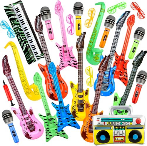 27 Pcs Inflatable Rock Star Instrument Set Inflatable Guitar Microphone Bass Saxophone Shutter Shading Glasses Air Pump for Pool Birthday Carnival 80s 90s Disco Party