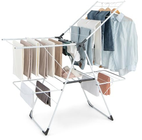 GIANTEX Étendoir à Linge Pliable à 2 Niveaux, Séchoir à Linge Pliable avec Ailes Réglables, Clips Utiles, Cadre Stable en Acier Inoxydable en Forme de ‘A’, Séchoir sur Pied pour Intérieur et Extérieur