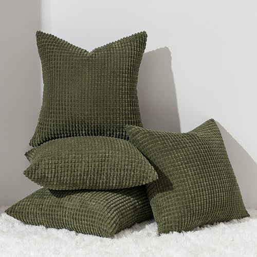 Topfinel Kissenbezug 60x60 Olivgrün 4er Set Cord körnig Farbverlauf Kissenbezüge Kissenhülle Dekokissenbezug Sofakissen Couchkissen für Sofa Schlafzimmer Wohnzimmer Balkon Kinder flauschig